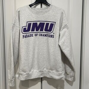 James Madison Grey Crewneck Sweatshirt Size Large Grey w/ Purple JMU Letters EUC